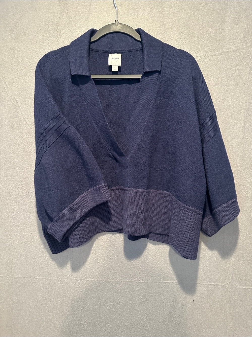 Maeve Navy Blue Cropped V-Neck Collared Sweater